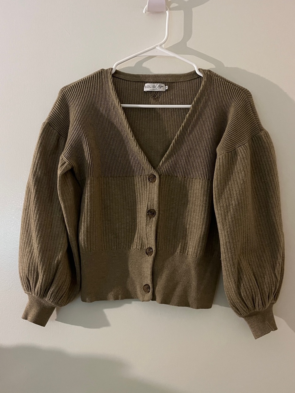Citizen Olive Green Ribbed V-Neck Button Cardigan with Balloon Sleeves